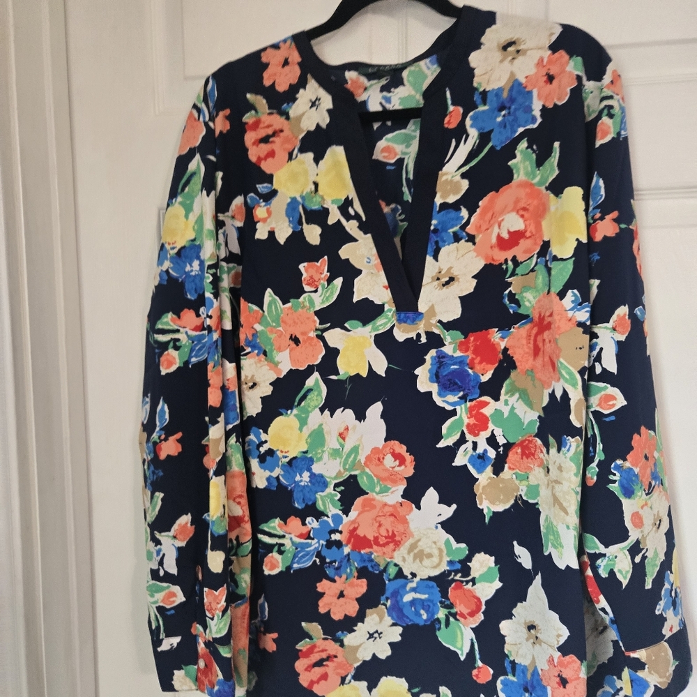 Lauren Ralph Lauren Pink and Yellow Graphic Blouse with Mandarin Collar